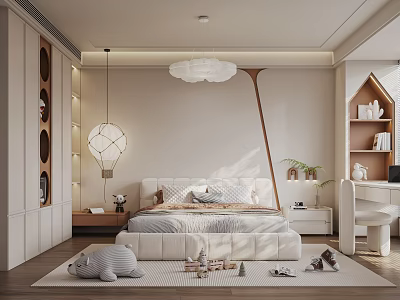 Cozy Kids Bedroom With White Bed Cloud Pendant Light Wooden Bookshelf And Toys On Rug 3d model