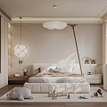 Cozy Kids Bedroom With White Bed Cloud Pendant Light Wooden Bookshelf And Toys On Rug