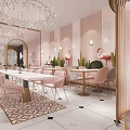 Charming Dessert Shop Interior With Pink Walls Marble Counter And Pastry Displays
