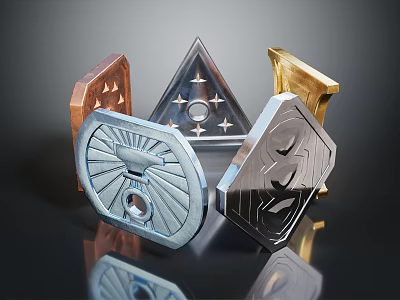 Unique Geometric Jewelry Pieces In Gold Copper Silver Tones With Star And Geometric Designs 3d model
