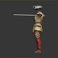 Sci Fi Cybernetic Warrior in Beige Robe With Orange Pants Red Boots And Dual Swords