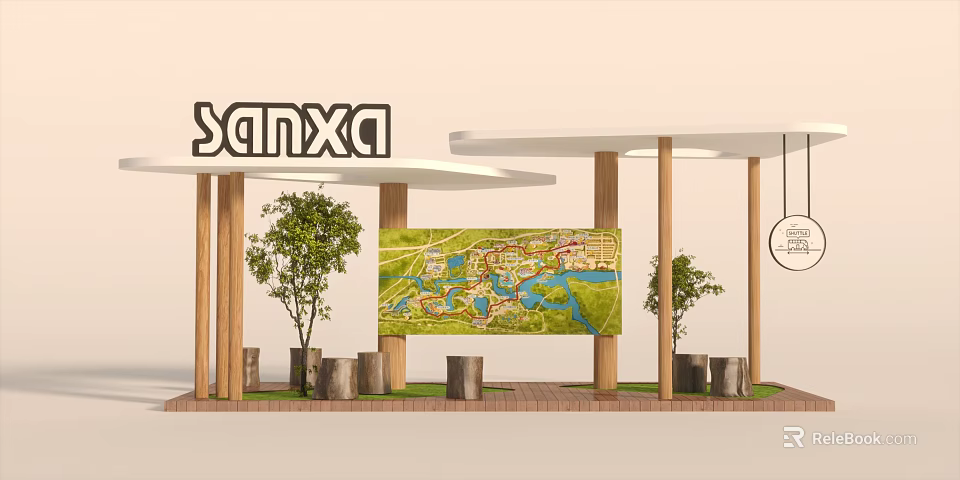 Sanxia Station with Map Display Wooden Pillars Trees and Open Shelter Structure 3d model 