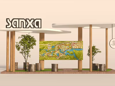 Sanxia Station with Map Display Wooden Pillars Trees and Open Shelter Structure 3d model