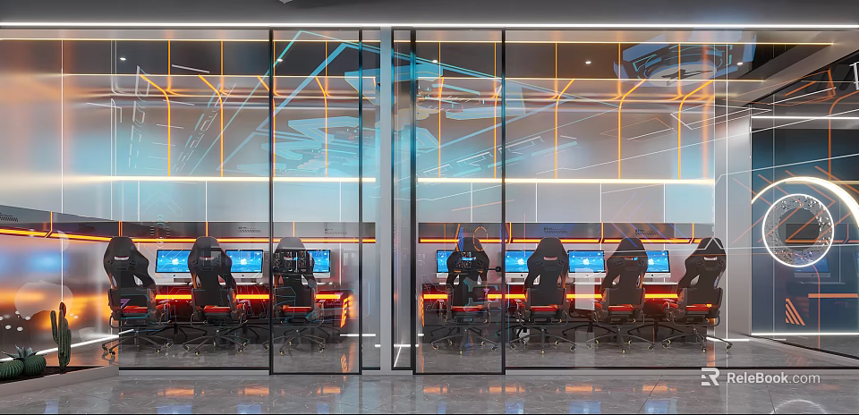 Modern Internet Cafe Interior With Glass Walls Gaming Chairs And Computers 3d model 
