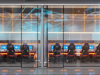 Modern Internet Cafe Interior With Glass Walls Gaming Chairs And Computers 3d model