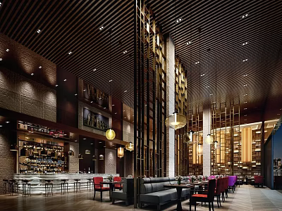 Modern Restaurant Interior With Bar Counter Seating Hanging Lights And Wooden Ceiling 3d model
