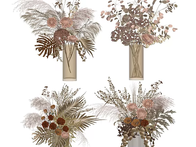 Decorative Glass Vase With Dried Flowers Pampas Grass And Brown Pink Blooms 3d model