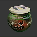 Pottery Jar With White Lid Red Character Man And Bamboo Patterns In Brown Gold Gradient