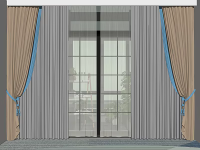 Beige Curtains With Blue Tiebacks And White Sheer For Window Decoration 3d model