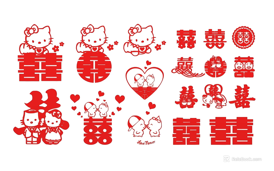 Red Wedding Theme Paper Carvings With Hello Kitty Figures Heart Shapes And Double Happiness Characters 3d model 