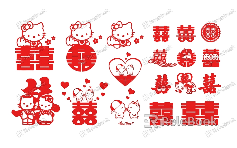 Xi decorative window grilles carving pattern wedding pattern Xi character cute animation model