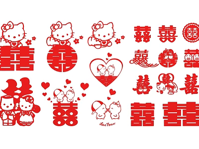 Red Wedding Theme Paper Carvings With Hello Kitty Figures Heart Shapes And Double Happiness Characters 3d model
