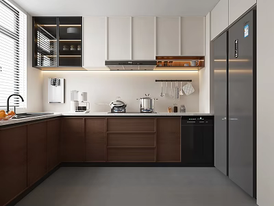 Modern Kitchen Interior With Cabinets Countertop Lighting Refrigerator Sink And Appliances 3d model