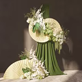 Elegant Floral Installation With Green Curtain Fan Shaped Decor And White Light Green Flowers