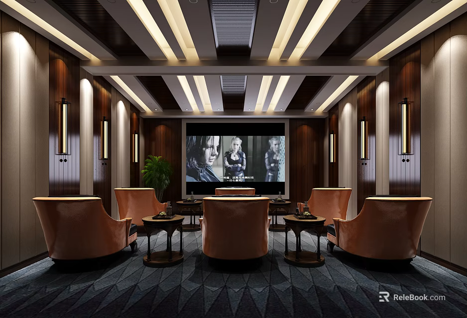 Modern Luxurious Home Theater With Plush Leather Seats Large Projection Screen And Ceiling Lighting Fixtures 3d model 