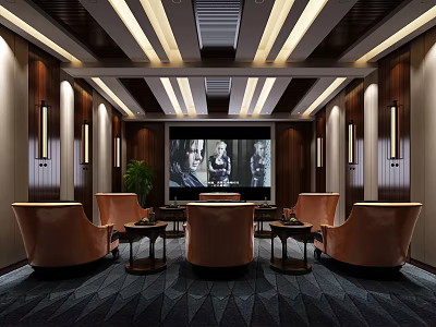 Modern Luxurious Home Theater With Plush Leather Seats Large Projection Screen And Ceiling Lighting Fixtures 3d model