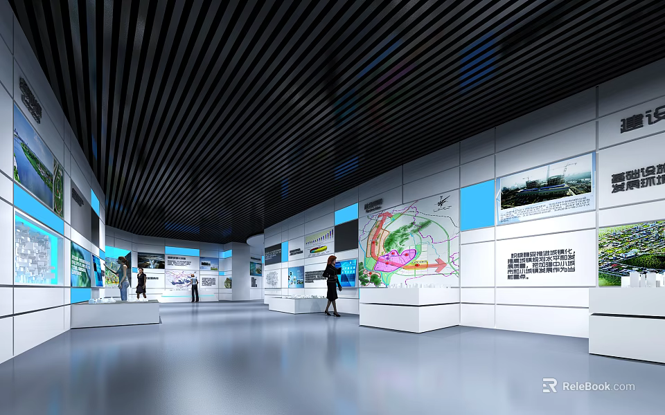 Spacious Exhibition Hall Interior With Display Walls Information Graphics And Display Stands 3d model 