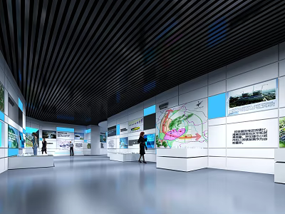 Spacious Exhibition Hall Interior With Display Walls Information Graphics And Display Stands 3d model