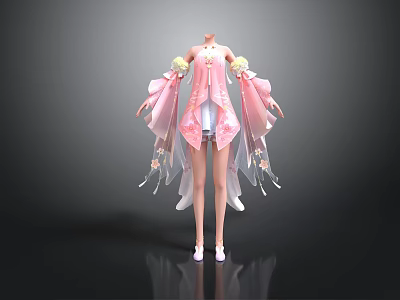 Pink And White Flowy Sleeve Outfit With Decorative Elements And White Shoes 3d model