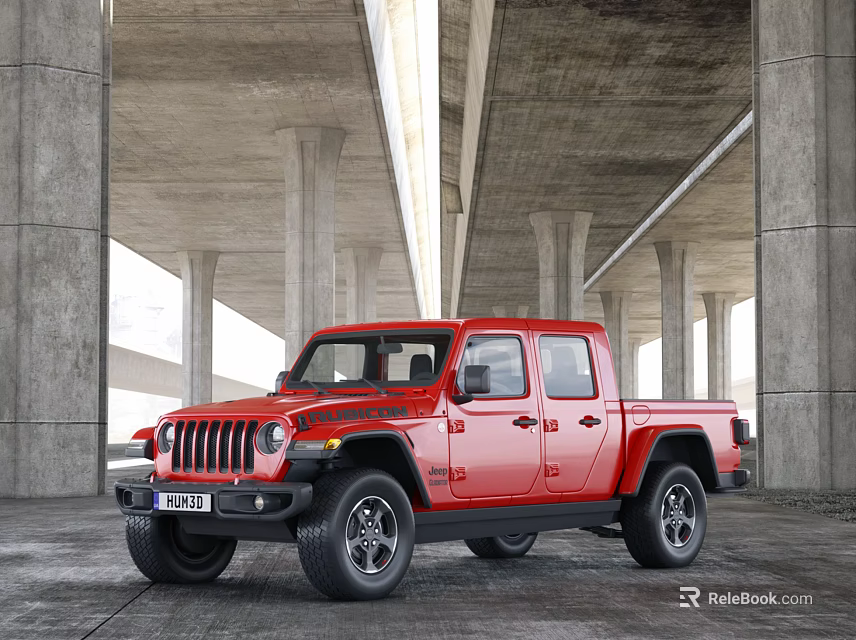 Red Jeep Pickup Truck Parked Under Bridge With Concrete Pillars 3d model 