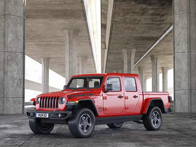 Red Jeep Pickup Truck Parked Under Bridge With Concrete Pillars 3d model