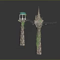 Cartoon Scenery Featuring Stone Towers With Green Dome Spire Vines And Rope Bridge