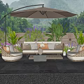 Outdoor Sofa with Cushions Under Beige Umbrella in Lush Garden Setting on Stone Floor