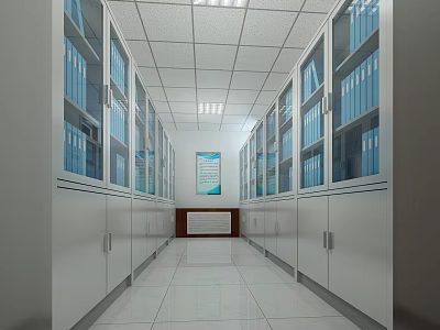 Archive Room Corridor With Glass Door Cabinets Blue Folders And White Tiled Floor 3d model