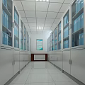 Archive Room Corridor With Glass Door Cabinets Blue Folders And White Tiled Floor