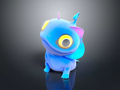 Cute Blue Cartoon Creature With Big Yellow Eyes Small Horns And Colorful Fins 3d model