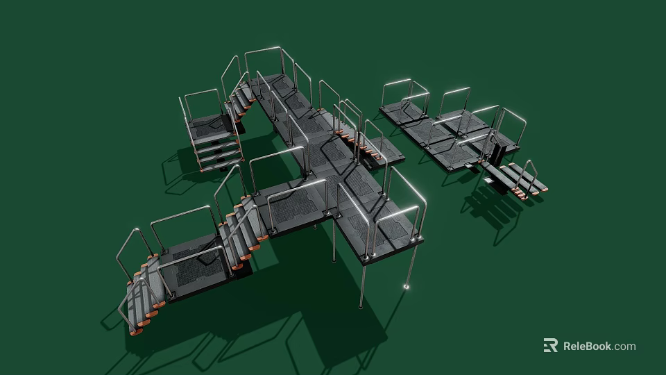 Heavy Duty Multi Level Industrial Platform Structures with Railings Stairs Support Frames and Grated Treads 3d model 