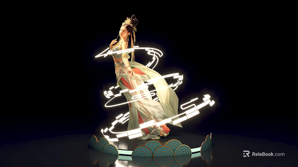 Traditional Dancer in Elegant Costume With Light Trails On Cloud Pattern Platform 3d model 