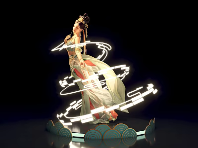 Traditional Dancer in Elegant Costume With Light Trails On Cloud Pattern Platform 3d model