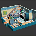 Cartoon Room Scene With Blue Structure Ladder Sofa Bed Rug And Poké Ball Decor