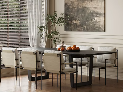 Modern Restaurant Interior Design With Dining Table Chairs Plant And Wall Artwork 3d model