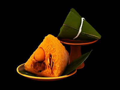 Traditional Chinese Zongzi with Salted Egg Yolk and Pork Filling on Bamboo Leaf Plate 3d model