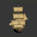 Classic Wooden Sailing Ship Model With Yellow Sails And Tall Masts