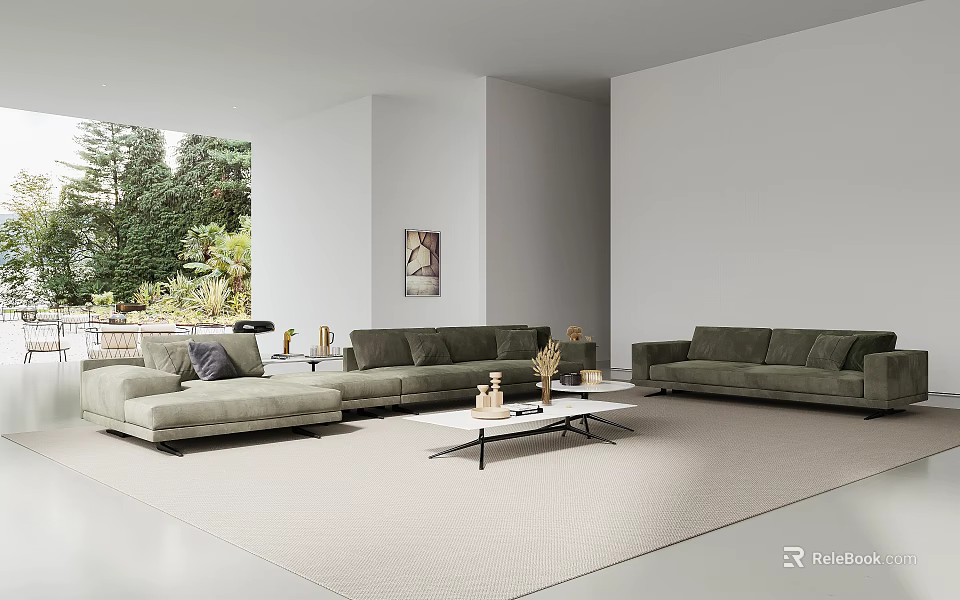 Modern Living Room Interior With Gray Sofas White Coffee Table Wall Art And Greenery View 3d model