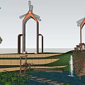Wooden Waterwheel Sculpture in Park Setting With Pond Lotus Leaves Arched Structures And Windmill