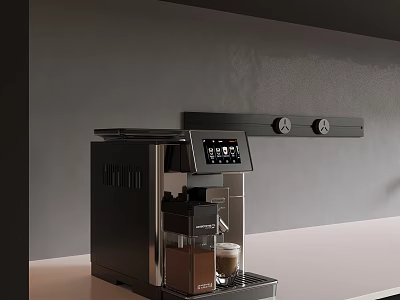 Modern Black Kitchen Coffee Machine With Digital Display On Countertop And Freshly Brewed Coffee Cup 3d model