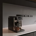 Modern Black Kitchen Coffee Machine With Digital Display On Countertop And Freshly Brewed Coffee Cup