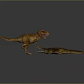 3D Models of Standing T-Rex and Lying Crocodile on Gray Background With Reflective Surface