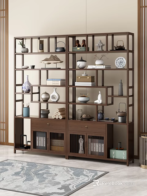 Traditional Chinese Wooden Display Shelf With Porcelain Books And Decor 3d model 