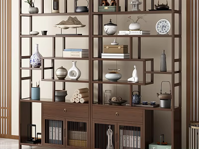 Traditional Chinese Wooden Display Shelf With Porcelain Books And Decor 3d model