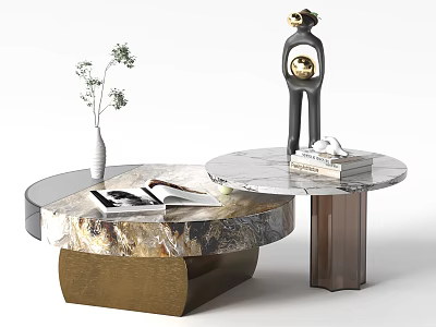 Elegant Coffee Tables With Marble Top Metal Base Vase Plant Sculpture And Books 3d model