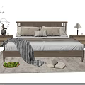 Wooden Double Bed with Pillows Striped Blanket Side Nightstands Table Lamp Vase Rug Fruits Book