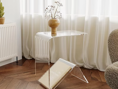 Acrylic Side Table with Vase Dried Flowers and Magazine Near Curtains Wooden Floor 3d model