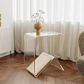 Acrylic Side Table with Vase Dried Flowers and Magazine Near Curtains Wooden Floor