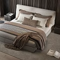 Modern Double Bed with Beige Brown Pillows Blanket Dark Wooden Panel Wall and Black Chair