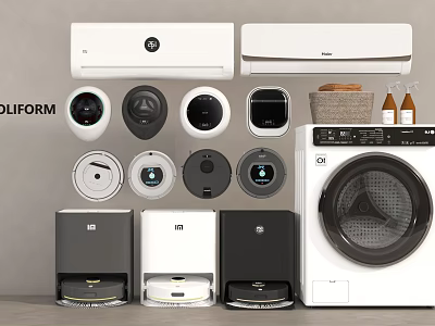 Smart Home Devices Collection Including Cameras Sensors Air Conditioners Robotic Vacuums And Washing Machine 3d model